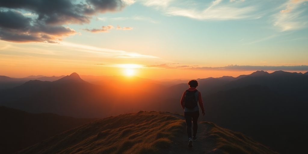 A person hiking at sunrise through a mountain landscape.
