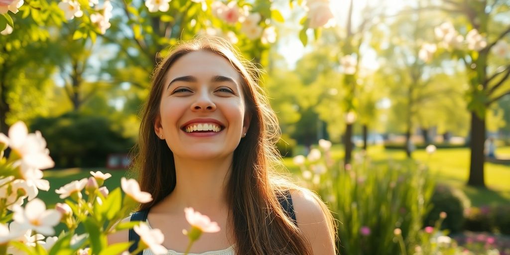 Person smiling in a sunny park surrounded by flowers.