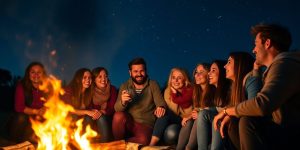 Friends enjoying a bonfire, sharing moments and laughter together.
