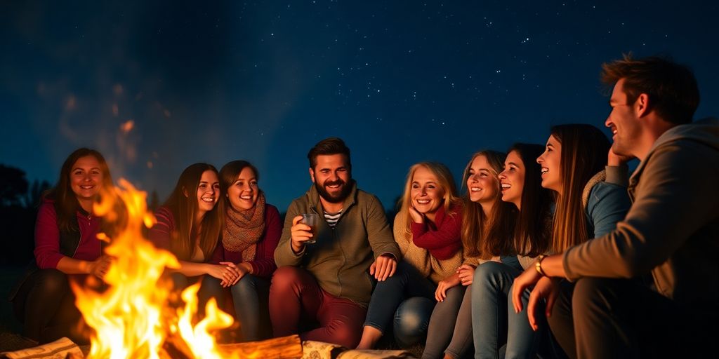 Friends enjoying a bonfire, sharing moments and laughter together.
